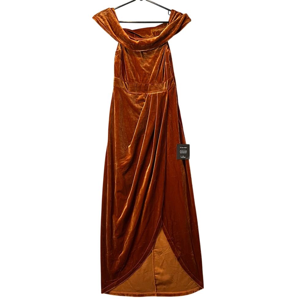 Lulu’s I'm Enchanted Rust Orange Velvet Off-the-Shoulder‎ Maxi Dress Size XS